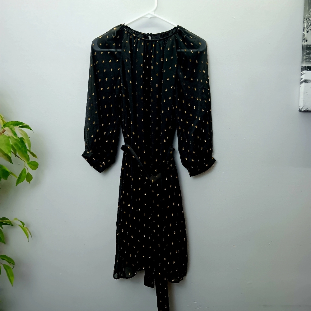 NWT Ann Taylor Black Chiffon Belted Dress W Gold Metallic Embroidery Size XS